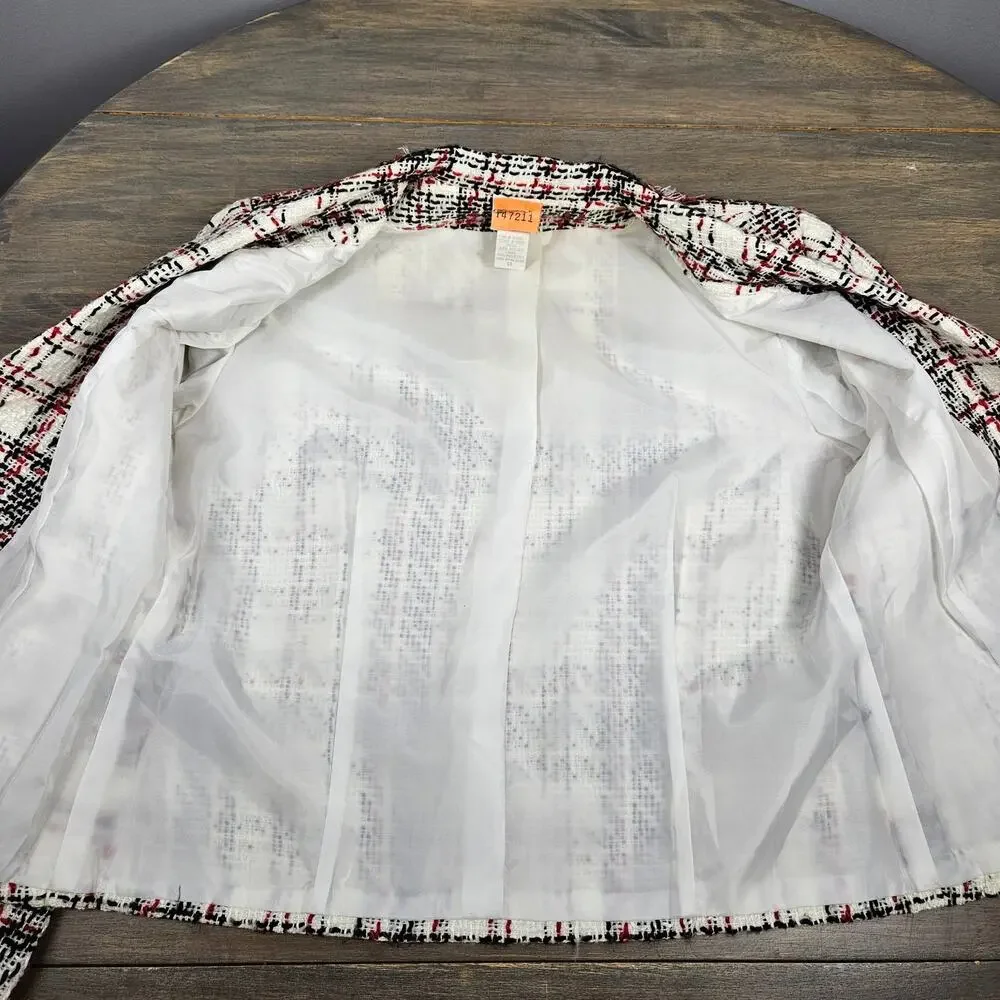 Studio C Tweed Plaid Short Blazer Jacket Ivory Black Red Frayed Trim‎ Lined 14
